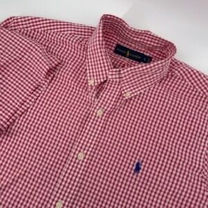 Ralph Lauren Mens Gingham Short Sleeve Button Down Shirt Size L Red White